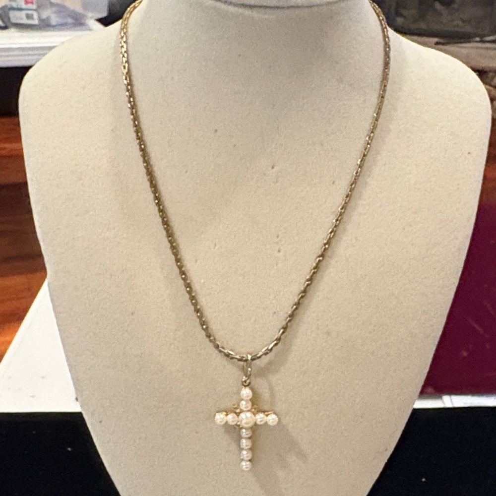 Gold Pearl Cross Pendant Necklace - Women Jewelry